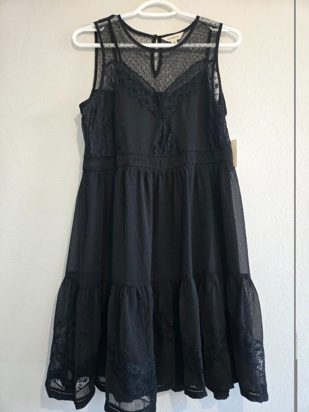 Lucky Brand Black Mesh Tiered Boho Mini Dress Size Small